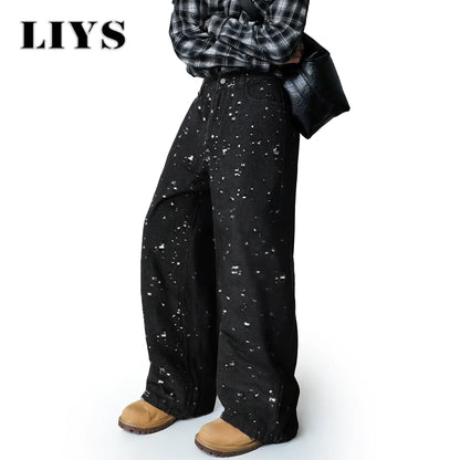 Distressed Crochet Jacquard Wide Leg Jeans – Retro Black Denim