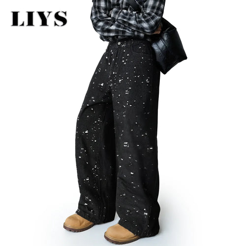 Distressed Crochet Jacquard Wide Leg Jeans – Retro Black Denim