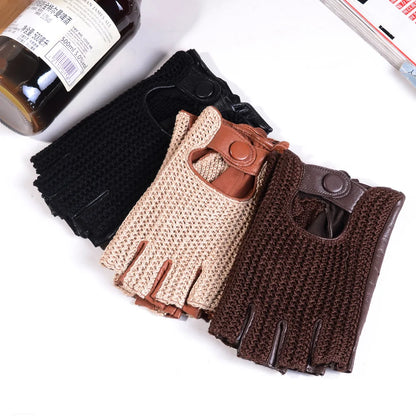 Men's Leather Fingerless Driving Gloves with Mesh Back