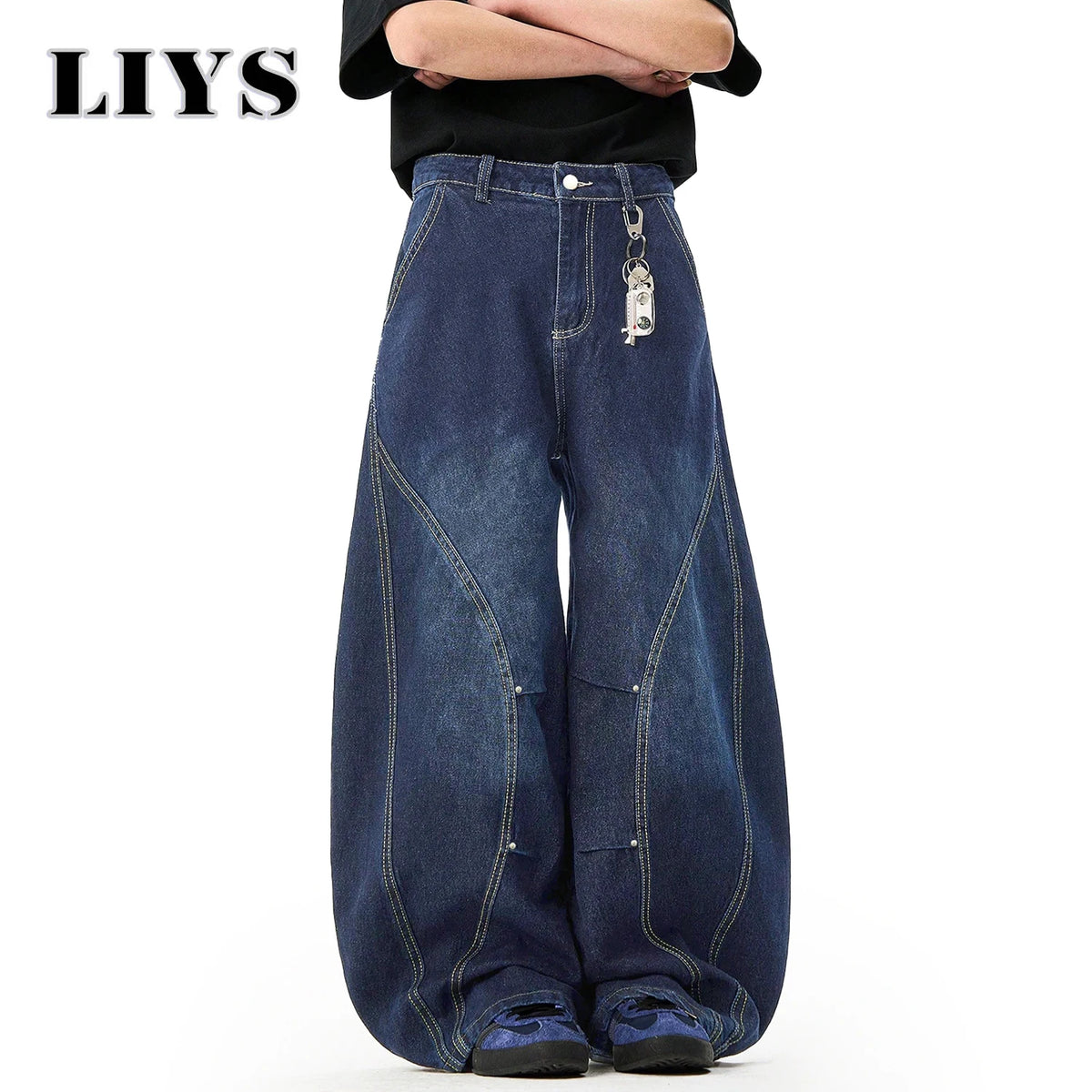 Men S American Retro Blue Loose Machete Wide Leg Jeans Unisex Baggy Straight Sickle Denim Pants