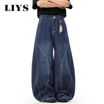 Men S American Retro Blue Loose Machete Wide Leg Jeans Unisex Baggy Straight Sickle Denim Pants