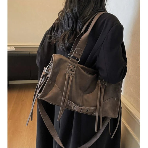 Retro Motorcycle Handbag Women Horizontal Tassel Design