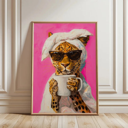 Leopard Drinking Coffee Canvas Wall Art – Maximalist Decor