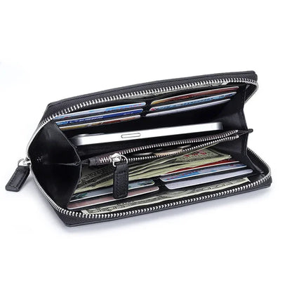 Genuine Leather Women's Long Wallet – Woven Zipper Clutch