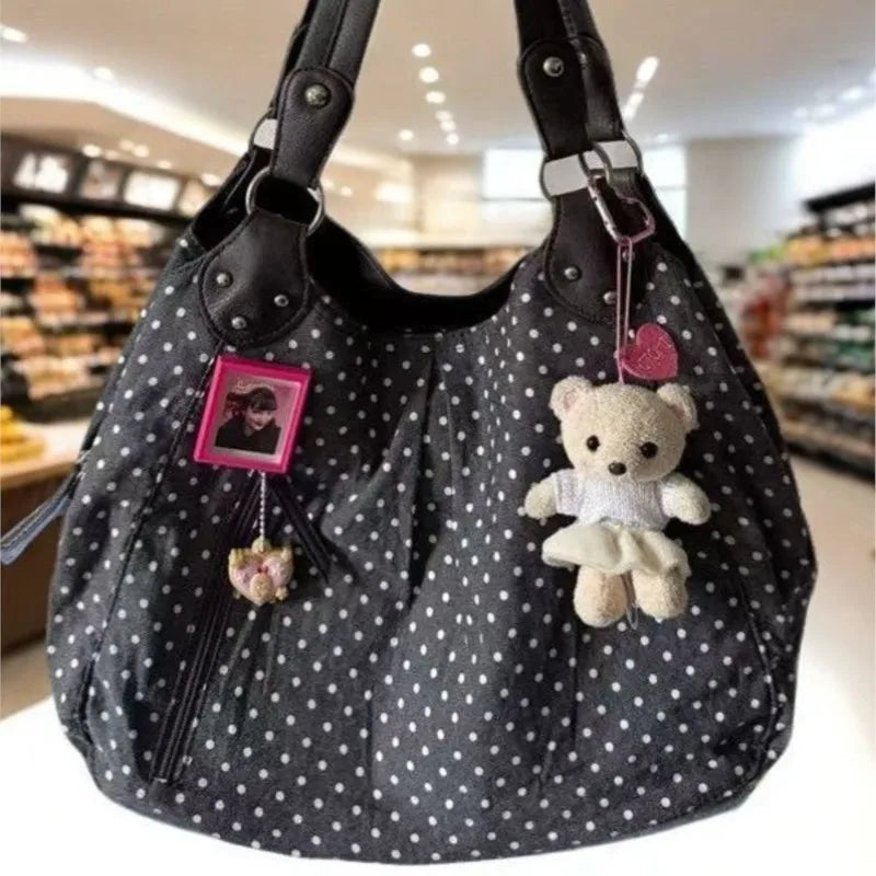 Harajuku Retro Polka Dot Tote Bag Women Black Wrinkle
