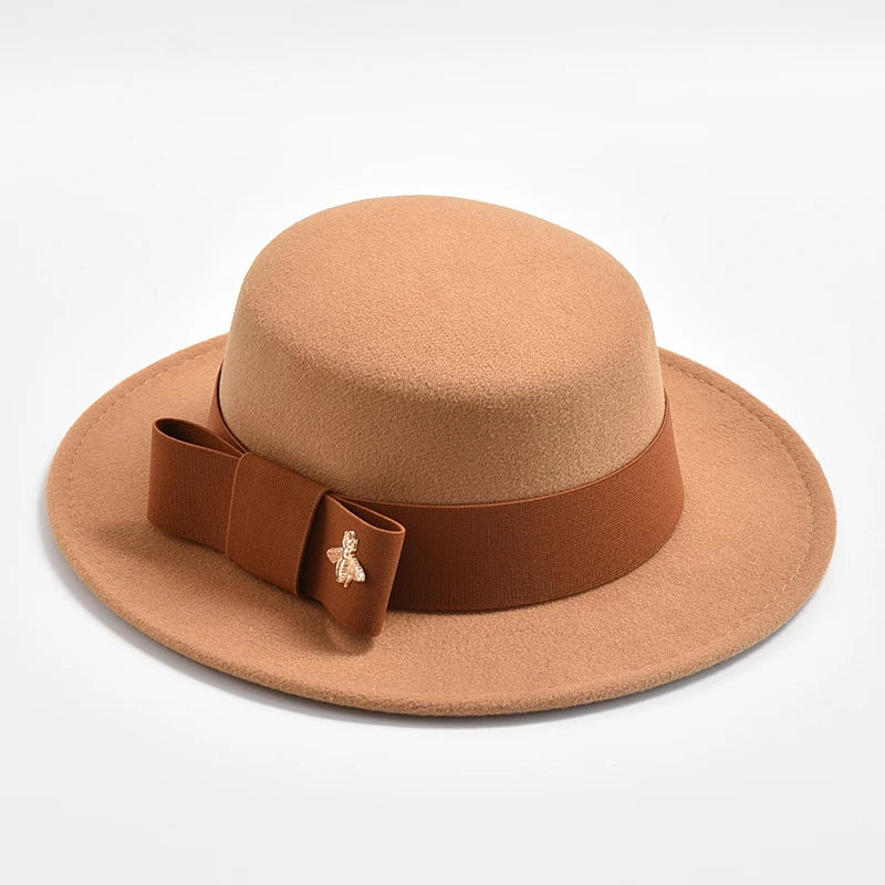 Women's Flat Top Fedora Hat – Bow & Bee Pin, Church & Party