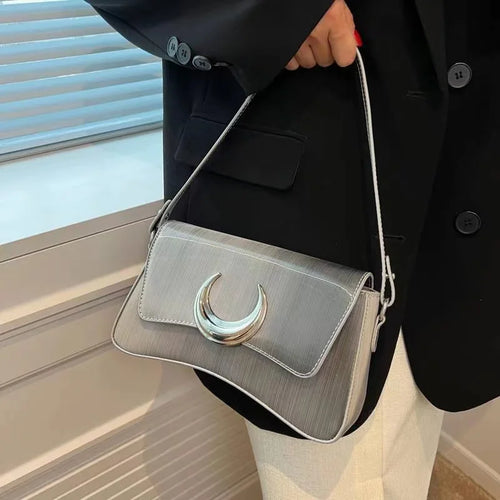 Y2K Silver Half-Moon Handbag – Women's Chain Shoulder Bag