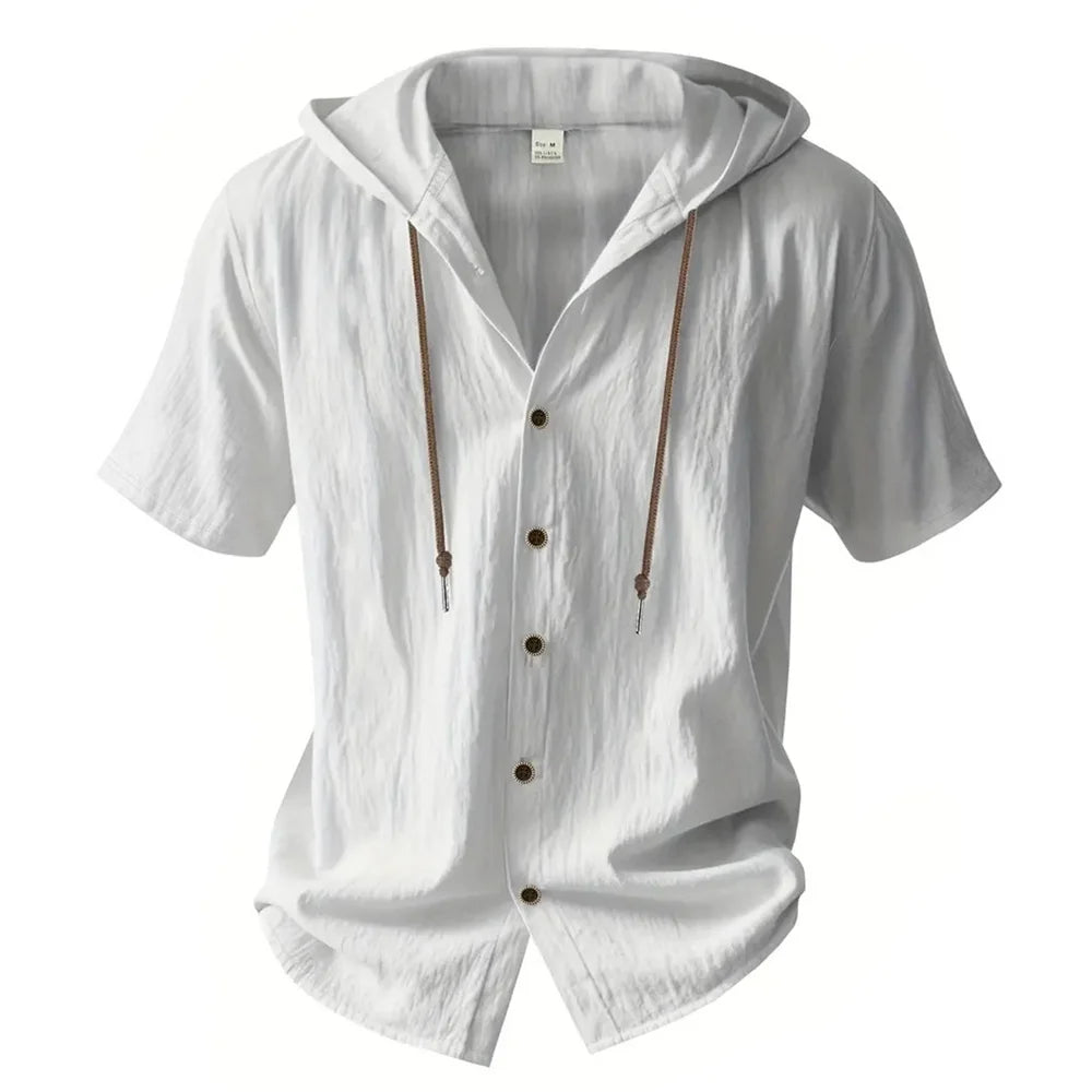 Men's Cotton Linen Hooded Shirt – Short Sleeve Button-Up with Drawstring