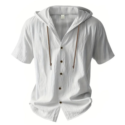 Men's Cotton Linen Hooded Shirt – Short Sleeve Button-Up with Drawstring