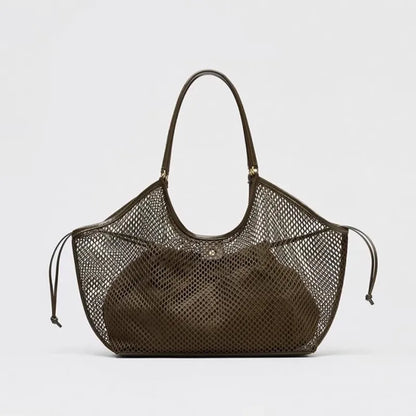 Large Mesh Tote Bag with Leather Trim – Women's Roomy Shoulder Bag