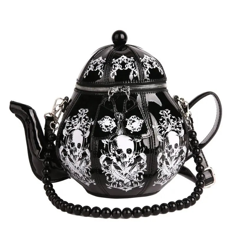 Vintage Gothic Black Skull Teapot Shape Handbag