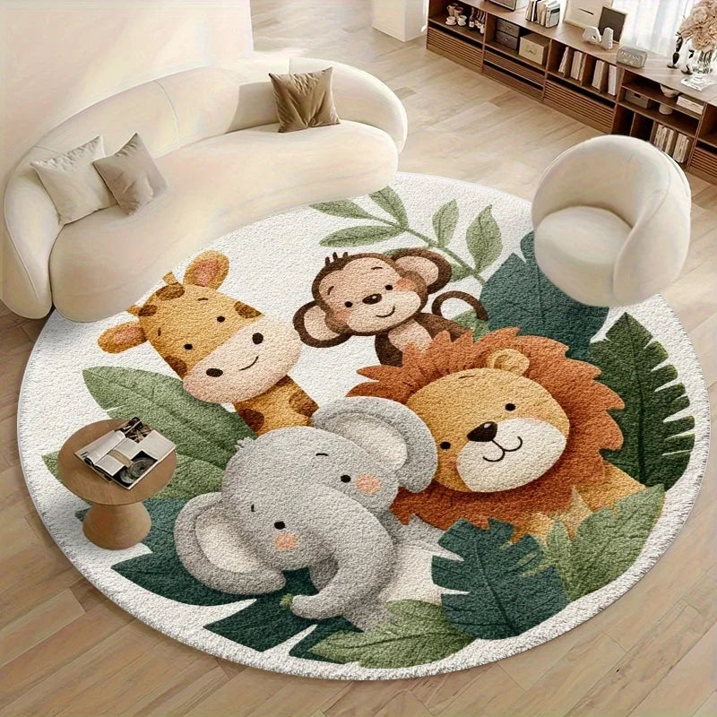 Cartoon Jungle Animal Round Rug – Non-Slip Soft Kids Play Mat