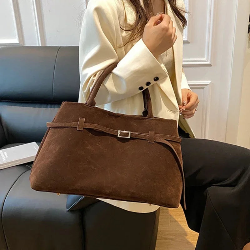 Buckle Decorative Design Solid Faux Suede Handbag