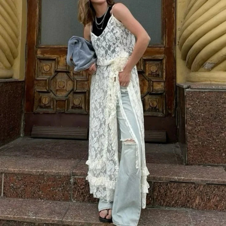 Sheer White Lace Cover-Up Maxi Dress – Spaghetti Strap Cami