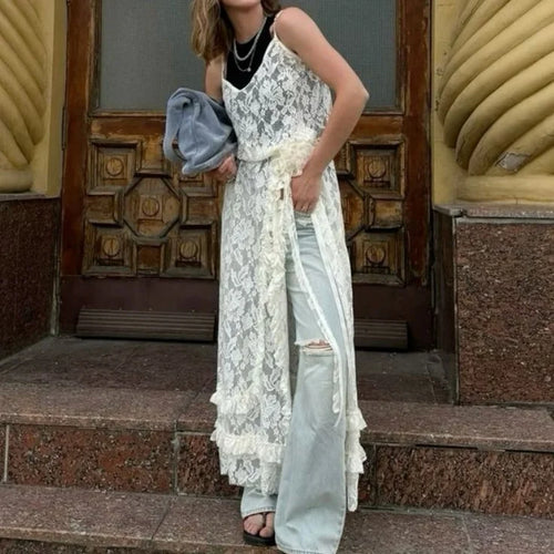 Sheer White Lace Cover-Up Maxi Dress – Spaghetti Strap Cami