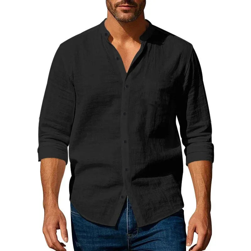 Men's Cotton Linen Long Sleeve Shirt – Slim Fit Henley Button-Up