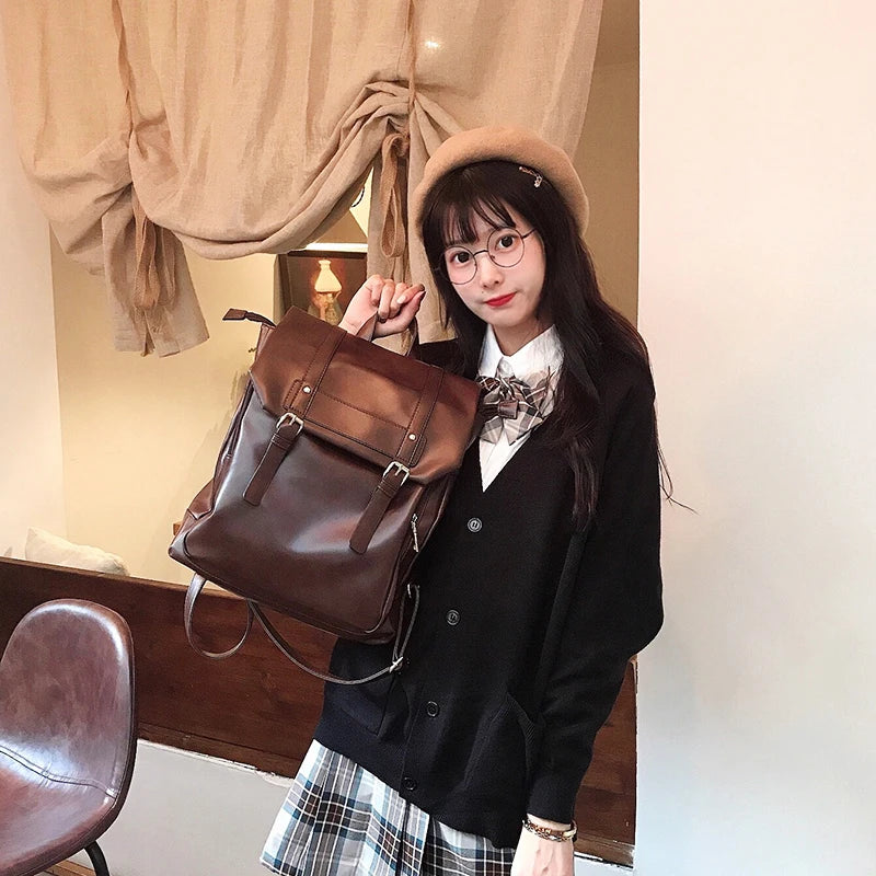 Vintage Brown Backpacks Women High Street Preppy Style Pu Leather