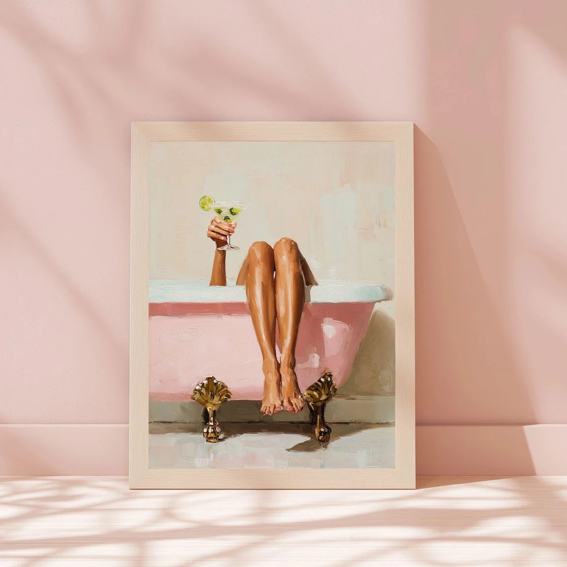 Pink Bathtub Martini Wall Art Print – Feminine Bathroom Self-Care Poster