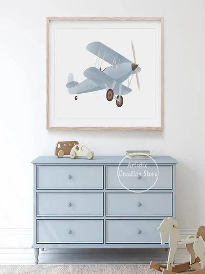 Boys Nursery Wall Art Vintage Travel Prints Blue Plane Balloon