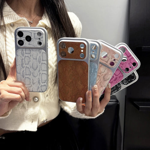 Leather Texture iPhone Case – Glossy Plating Shockproof Cover for iPhone 13–17 Series