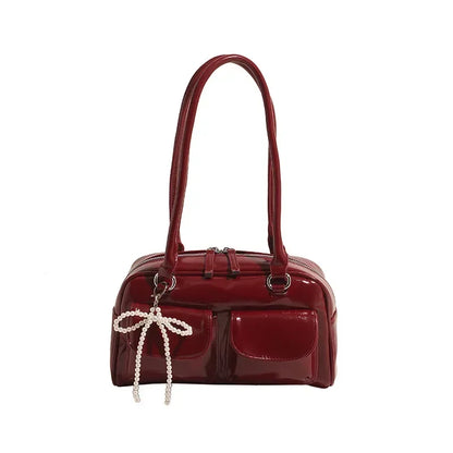 Solid Sewing Thread Fashion Glossy PU Shoulder Bags