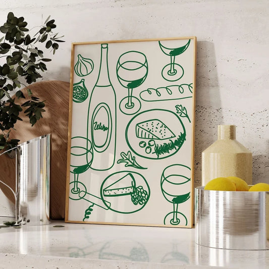 Wine & Cheese Wall Art Print – Aesthetic Bauhaus Kitchen Poster