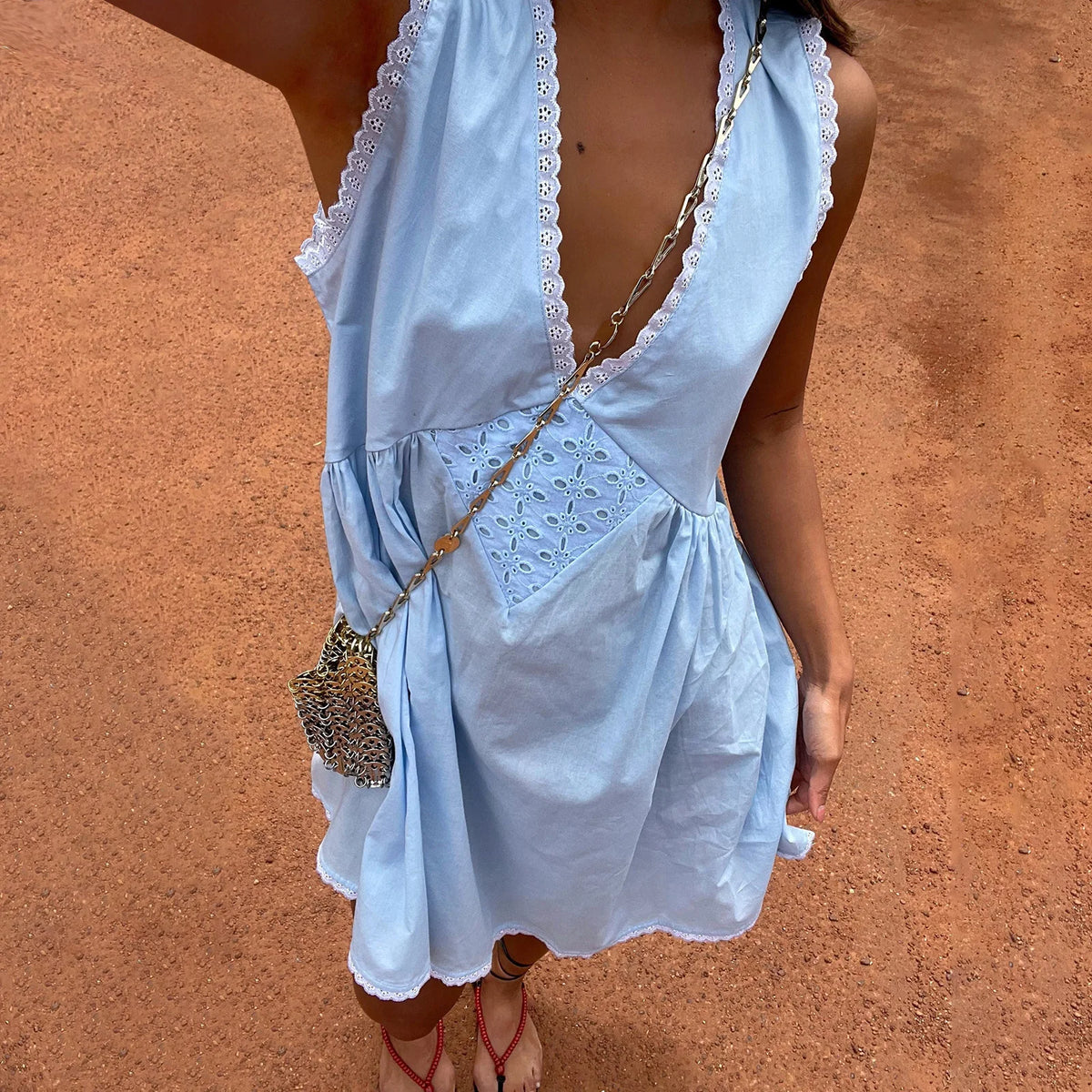 Sleeveless Lace Trim Mini Dress – V-Neck Babydoll Summer Sundress