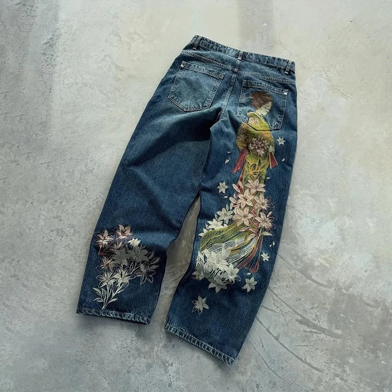 Y2K Floral Embroidered Wide Leg Jeans – Women's Retro Goth Streetwear Denim