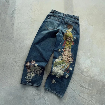 Y2K Angel Print Wide Leg Jeans – Retro Goth Streetwear Denim Pants
