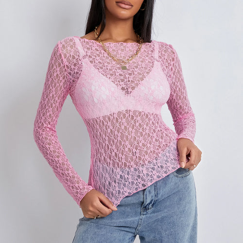 Sheer Lace Top Women Long Sleeve O-Neck Slim Fit Pullover