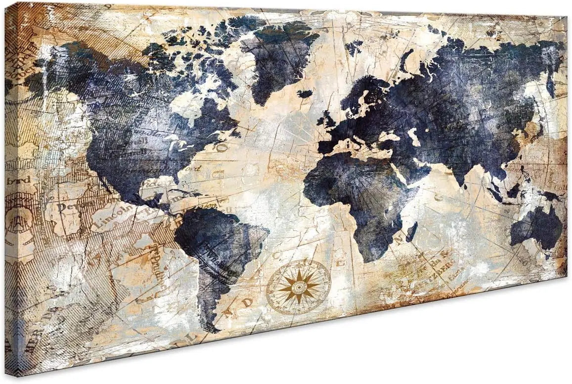 World Map Canvas Wall Art – Vintage Nautical Map Print for Home & Office Decor