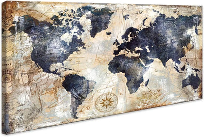 World Map Canvas Wall Art – Vintage Nautical Map Print for Home & Office Decor