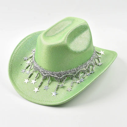 Sequin Cowgirl Hat with Rhinestone Star Fringe – Women's Festival & Party Hat