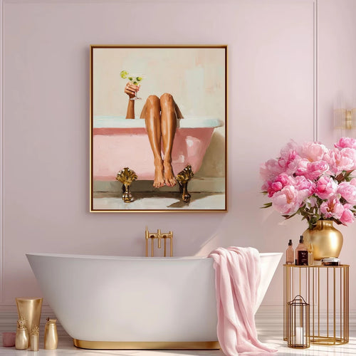 Pink Bathtub Martini Wall Art Print – Feminine Bathroom Self-Care Poster