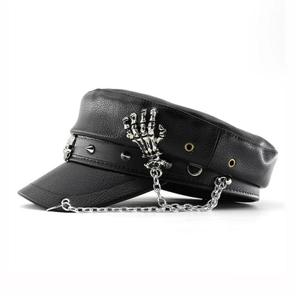 Punk PU Leather Military Beret with Skull Rivets & Chain