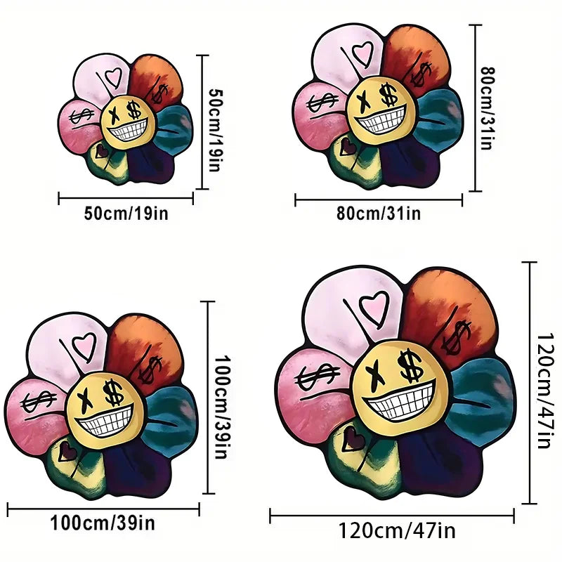 Colorful Flower Smiley Face Area Rug – Soft Non-Slip Floor Mat