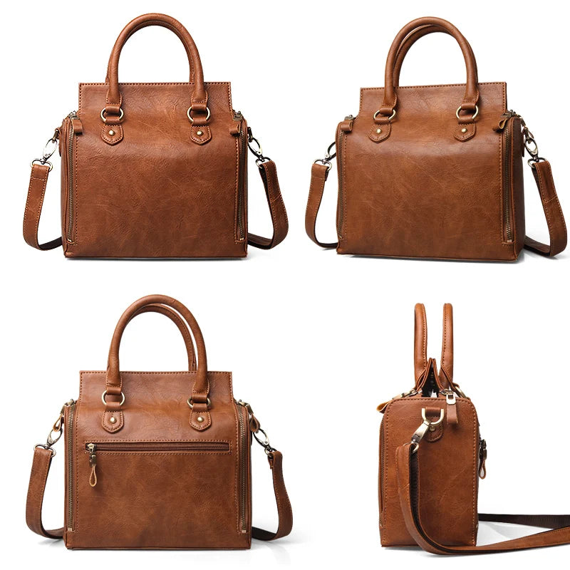 Retro Brown Simple Handbag Women Multi Layer Large Capacity