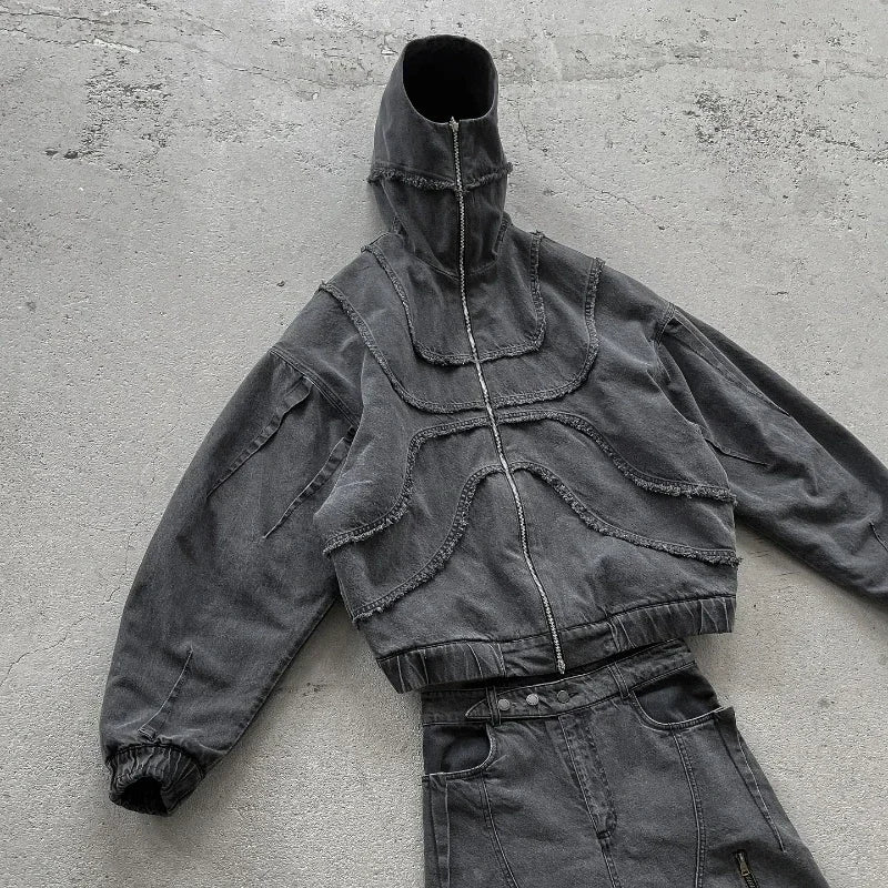 Washed Denim Hooded Jacket Unisex Patchwork Goth Streetwear