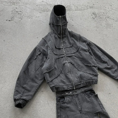 Washed Denim Hooded Jacket Unisex Patchwork Goth Streetwear