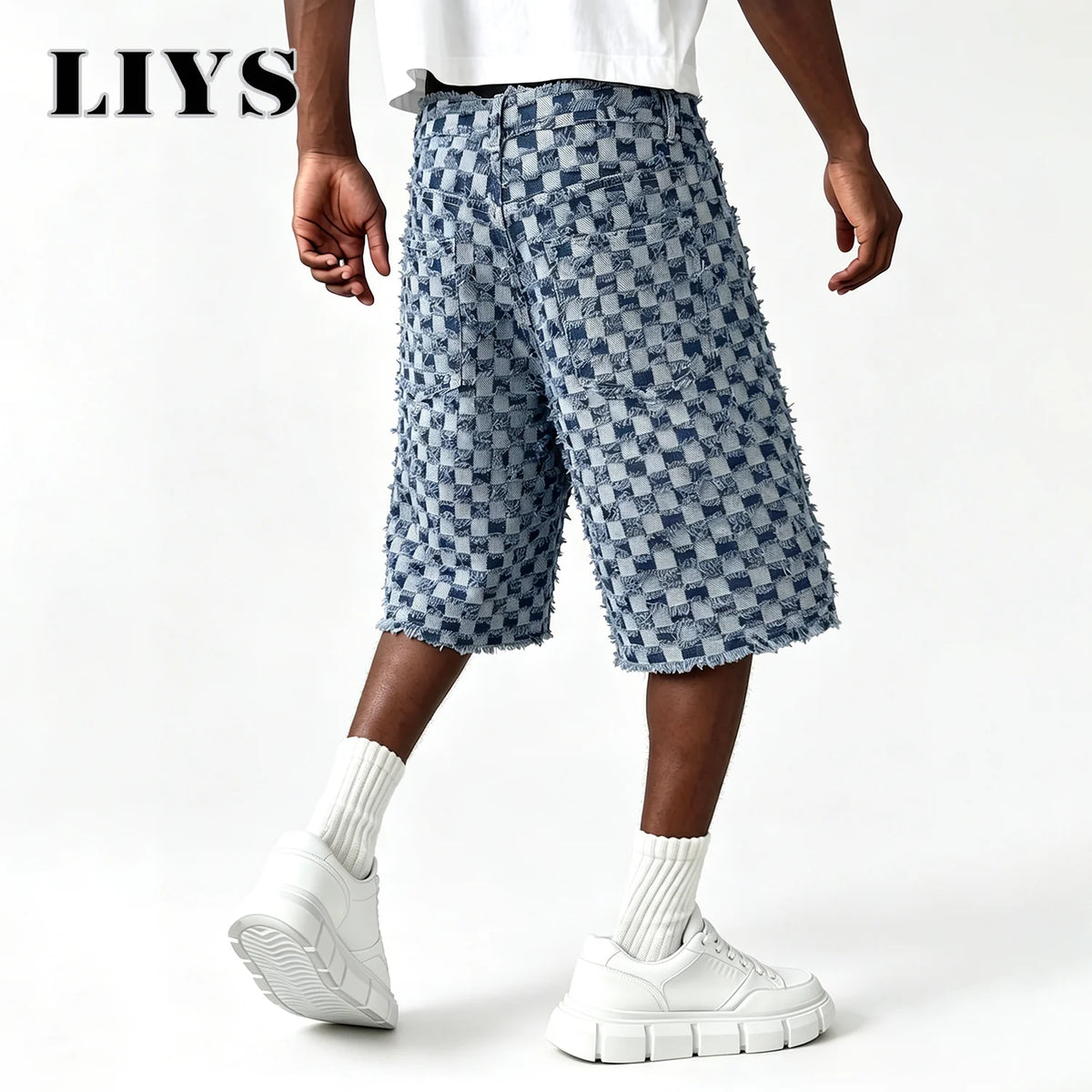 Men's Checkerboard Fringe Denim Shorts – Loose Wide Leg