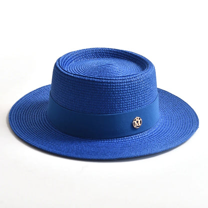 Women's Straw Sun Hat Flat Brim Ribbon Beach Hat