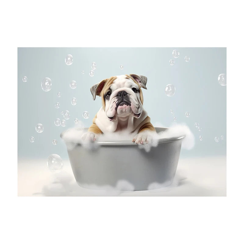 Cute Dog in Bathtub Wall Art Poster – Funny Puppy Canvas Print