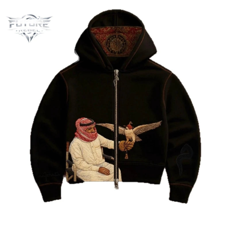Falcon Print Zip-Up Hoodie – Y2K Unisex Streetwear Sweatshirt