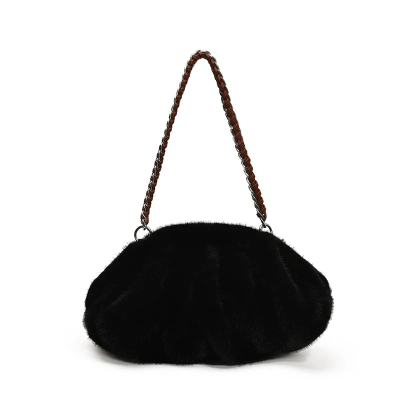 Pleated Design Faux Fur Shoulder Bags