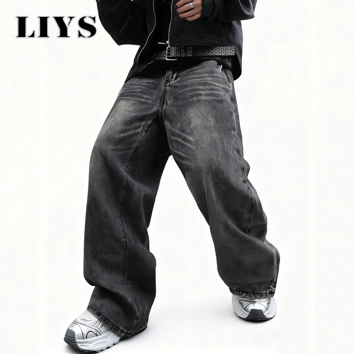 Baggy Wide-Leg Jeans Dark Gray – LIYS Unisex Retro Oversized Denim