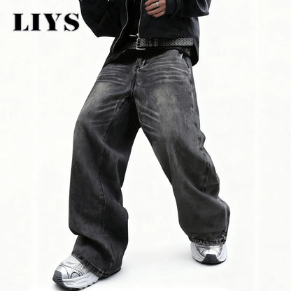 Baggy Wide-Leg Jeans Dark Gray – LIYS Unisex Retro Oversized Denim