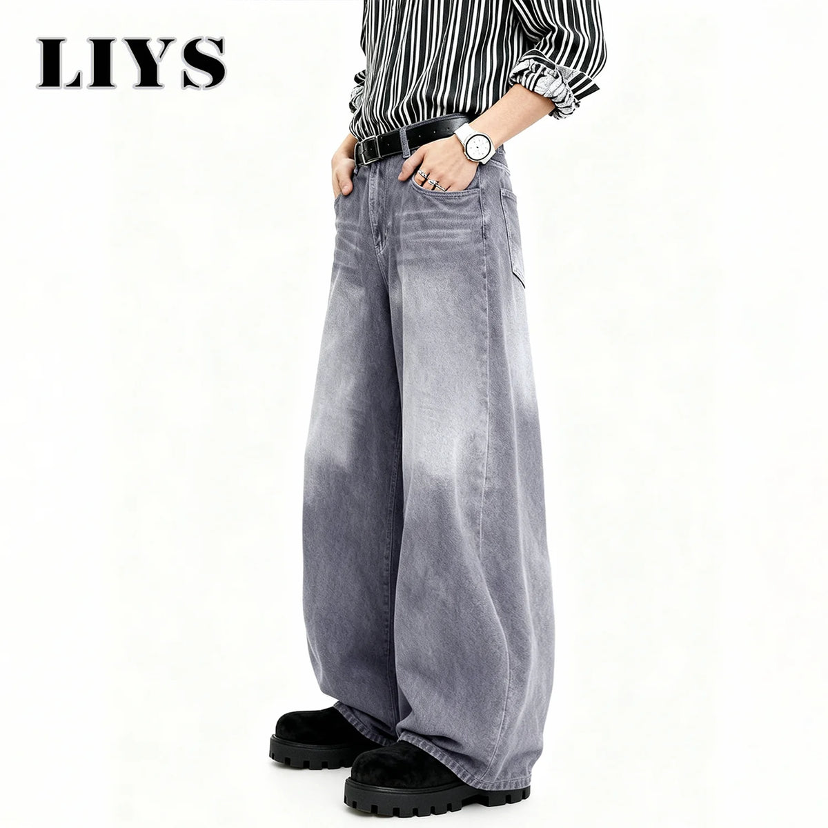 Men's Ultra Baggy Wide Leg Jeans – Washed Grey Retro Denim