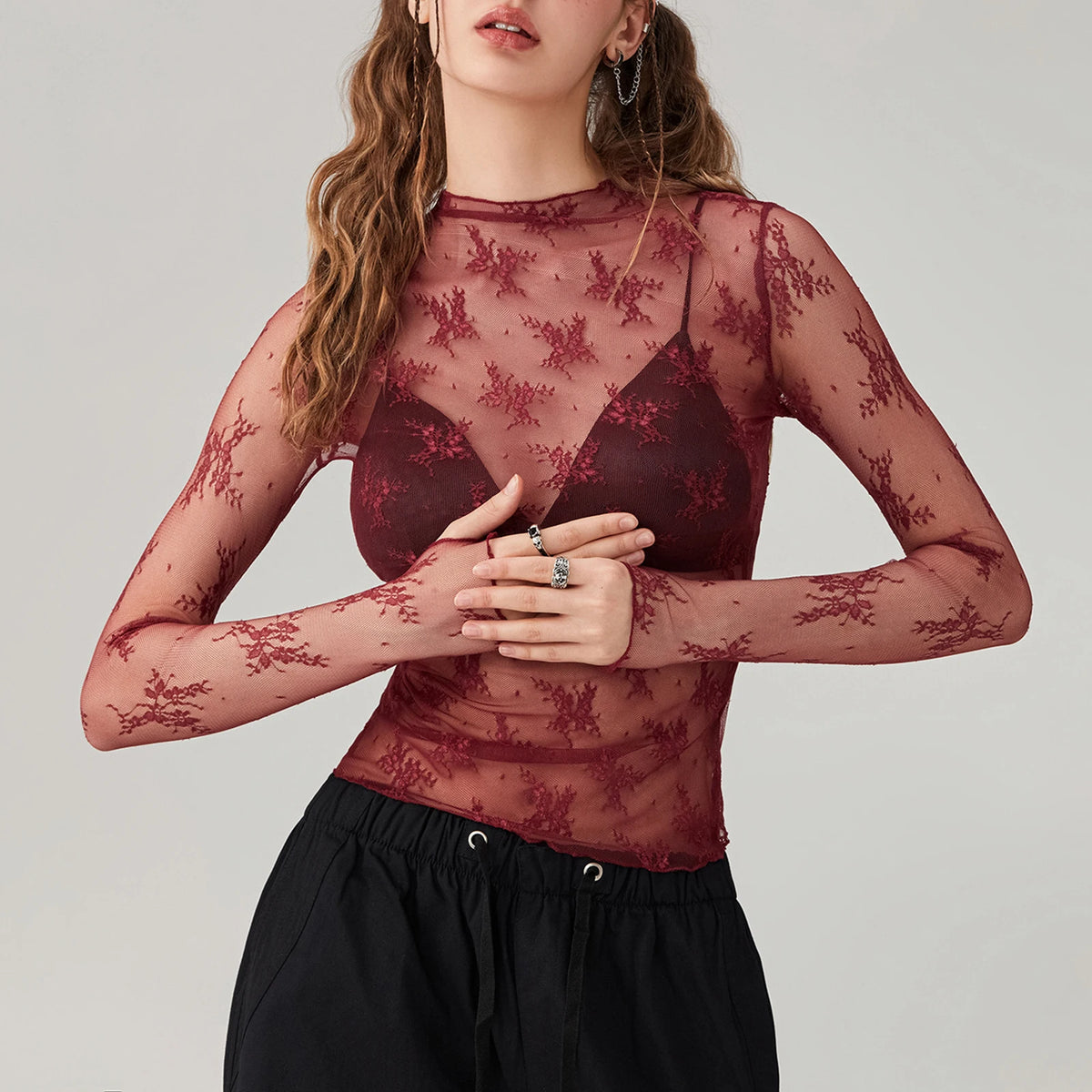 Sheer Mesh Floral Top Women Long Sleeve Crew Neck Slim Fit Pullover