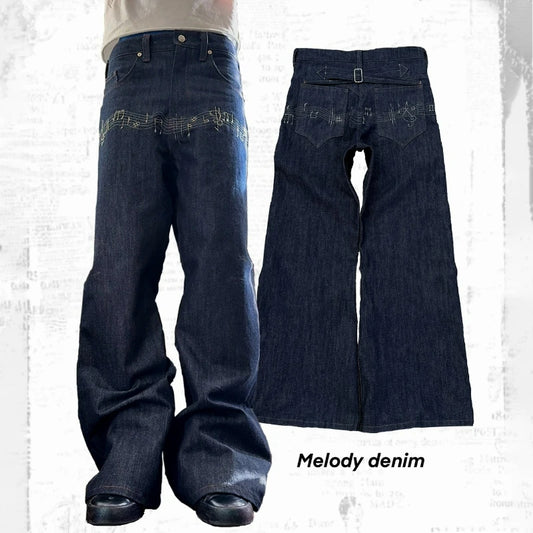 Y2K Music Note Embroidery Flare Jeans – Unisex Streetwear Denim