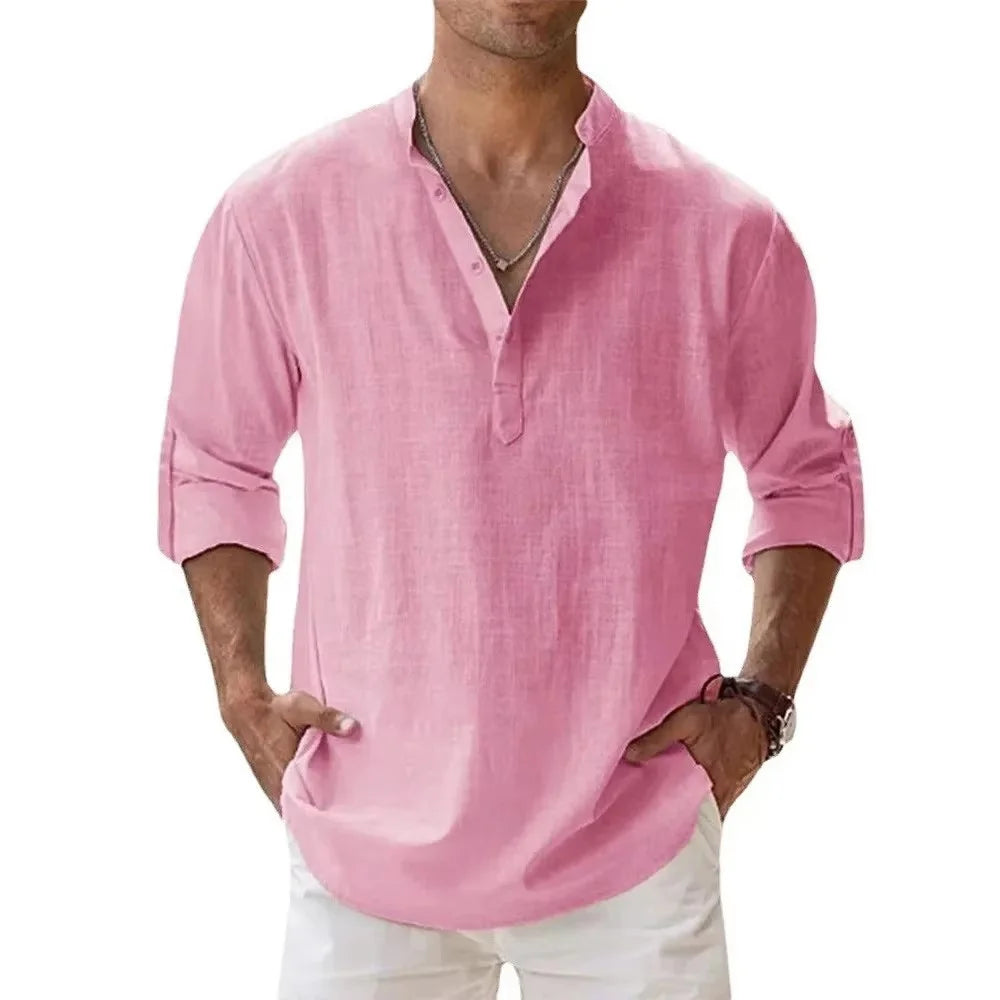 Men's Cotton Linen Henley Shirt – Long Sleeve Casual Beach Top